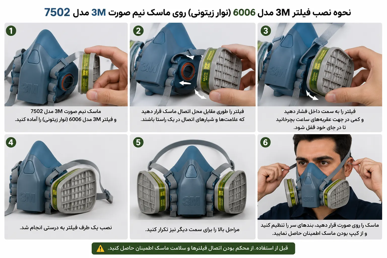 نحوه نصب فیلتر ماسک ایمنی 3m نوار زیتونی مدل 6006 روی ماسک نیم صورت 3M مدل 7502